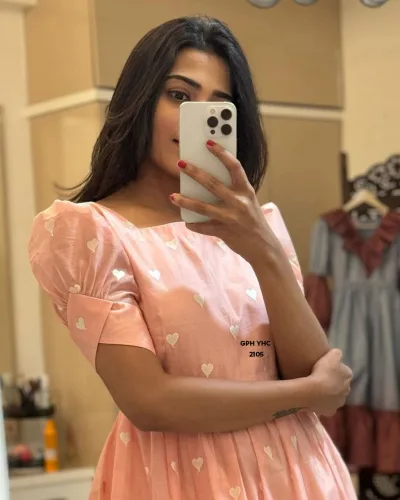 Peach Heart Print Puff Sleeve Tiered Midi Dress